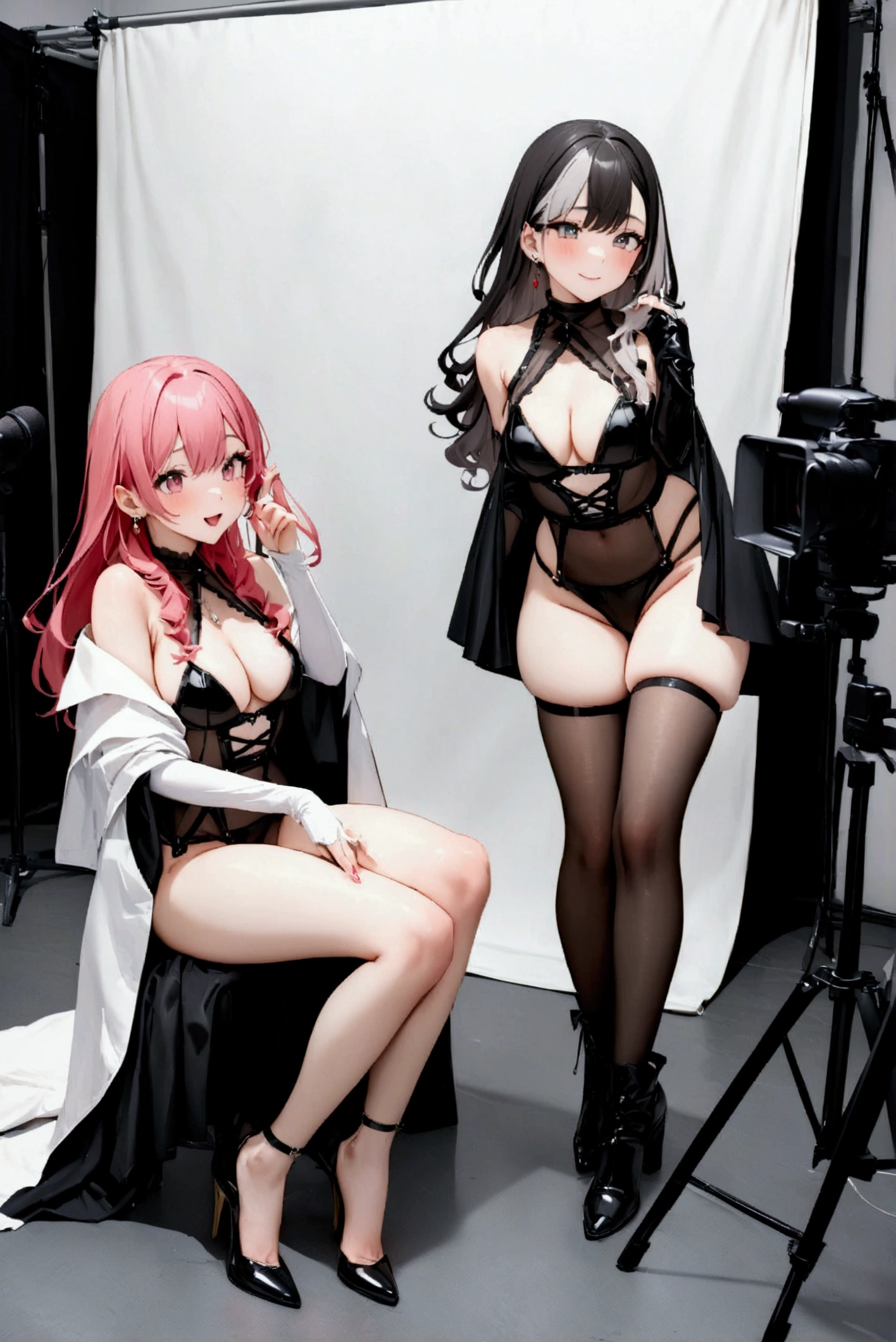 Highest quality,masterpiece,An idol group whose selling point is eroticism,Two-tone hair color,A good friend,Promotional photo shoot,During a break,Photo studio,chatting,Earrings,Sexy costume