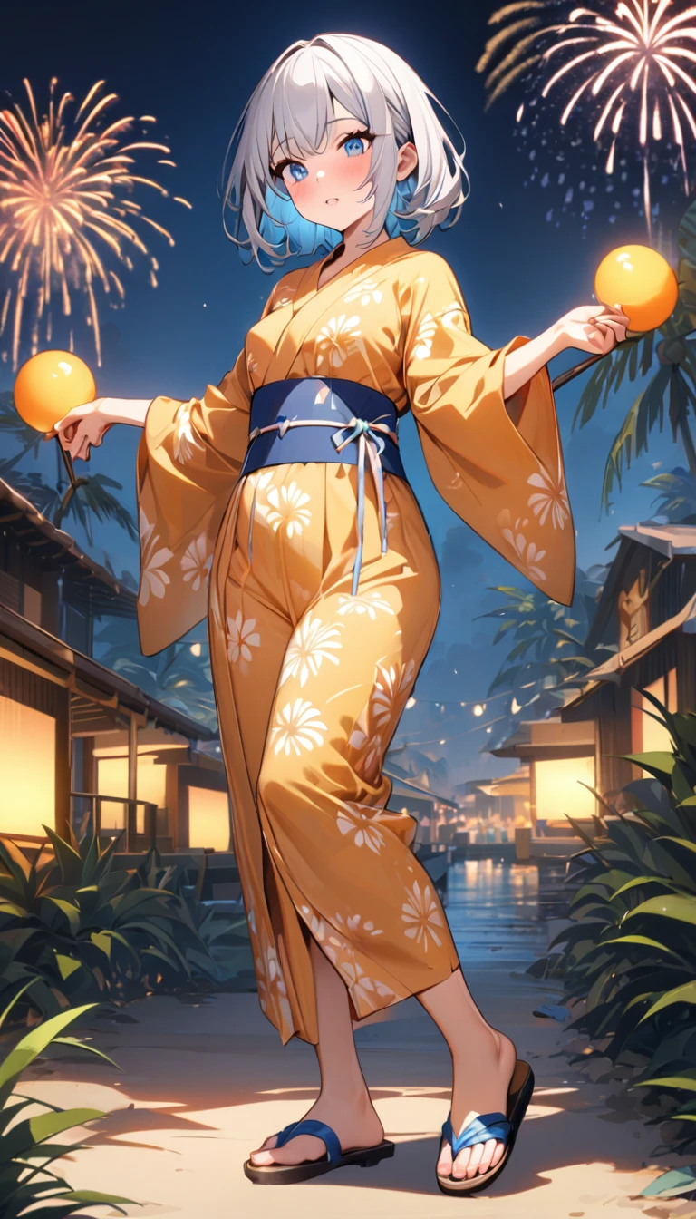 One girl、(((最high quality)), ((masterpiece)), (detailed), masterpiece, 最high quality, high quality, 超detailed, Perfect Face, ((One girl, blue eyes,  Silver Bob Hair,))、Shiny Hair、Glowing Skin、blush、yukata、Sandals、Small Breast Summer、Resort、whole body、firework