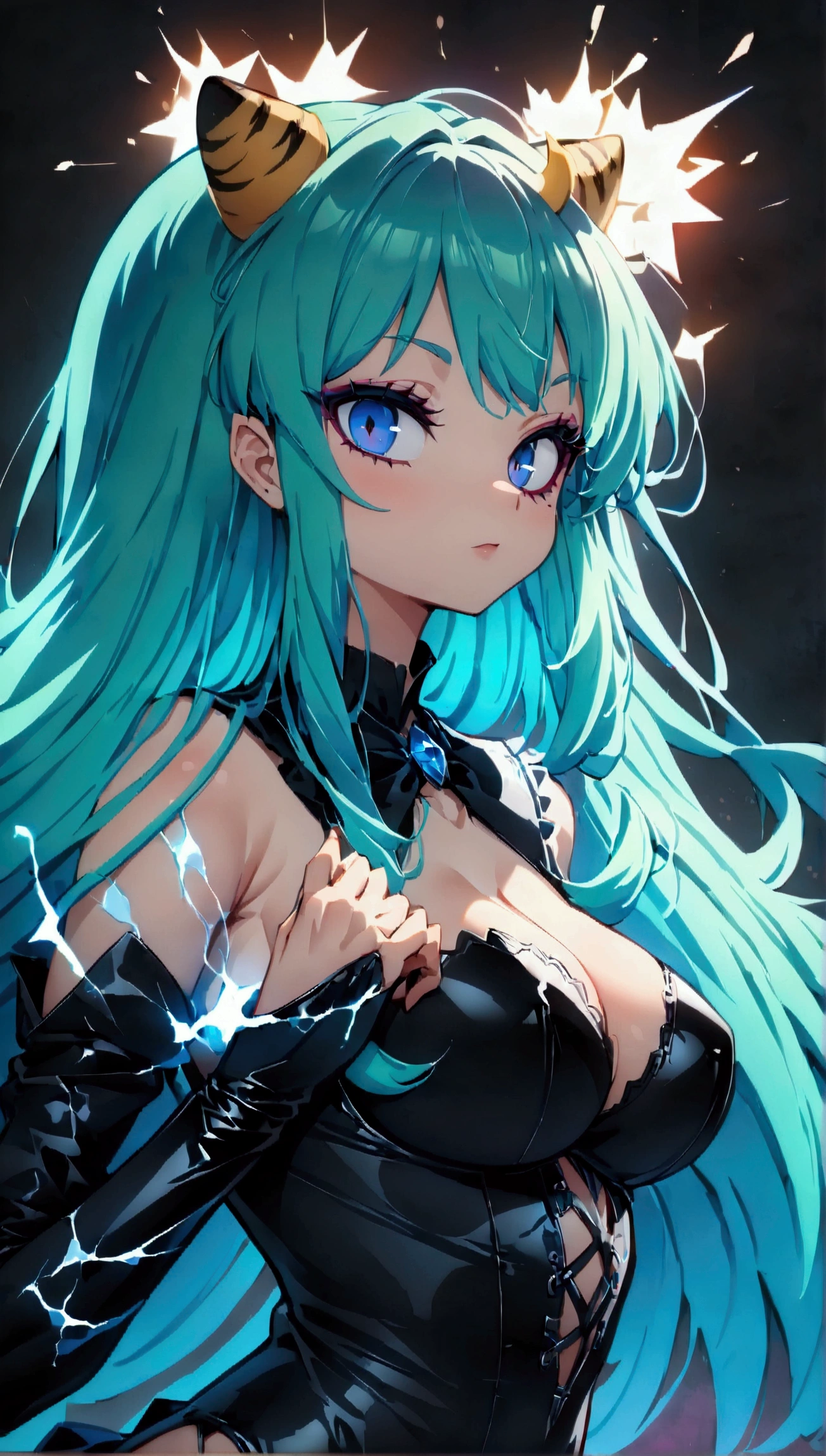 lum, 1girl, long hair, tiny horns, (two-tone hair, green hair, aqua hair:1.1), bangs, blue eyes, eyeshadow, Solo, thick lineart, Diamond aura, symmetrical, slender, blue fingers with sparks and electricity, long tiger-stripped latex gloves, tiger-stripped thigh boots, tiger-stripped leather thigh boots, long legs, dominatrix pose, dark cosmic background, gothic lolita dress, detmore, (masterpiece:1.4), (highest quality:1.2), (ultra detailed:1.3), High resolution, extremely detailed, unity 8k wallpaper, intricate details, absurdity, Sparkling, score_7_up, score_8_up, score_9_up, anime coloring, source_anime, скалит зубы, очень недовольная, JK