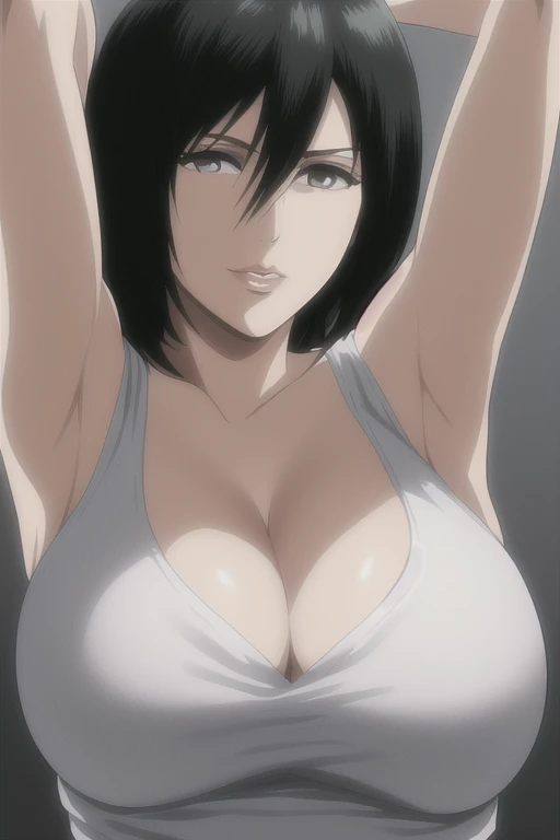 1girl, mikasa ackerman, (black hair:1.3), hair between eyes, short hair, sideburns, gray eyes, lips, cleavage, big breasts, close up, solo, lips, masterpiece, best quality, arms up, armpits visible