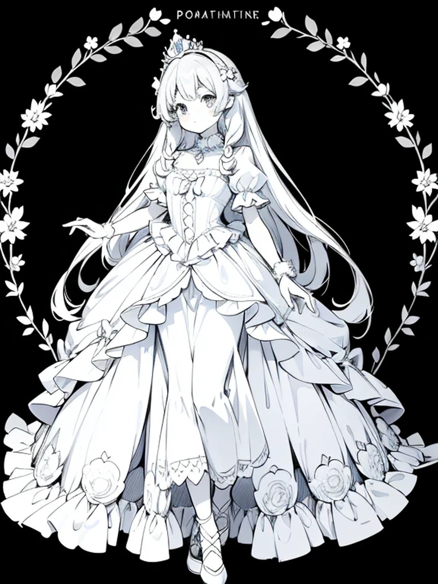 a coloring book page, cute anime girl surrounded with flowers, wearing a princess dress, princess crystal crown, crystal shoes, marie antoinette dress, black and white, simple and minimal, perfect shapes, only lineart, no gray or shades, complete body, white background