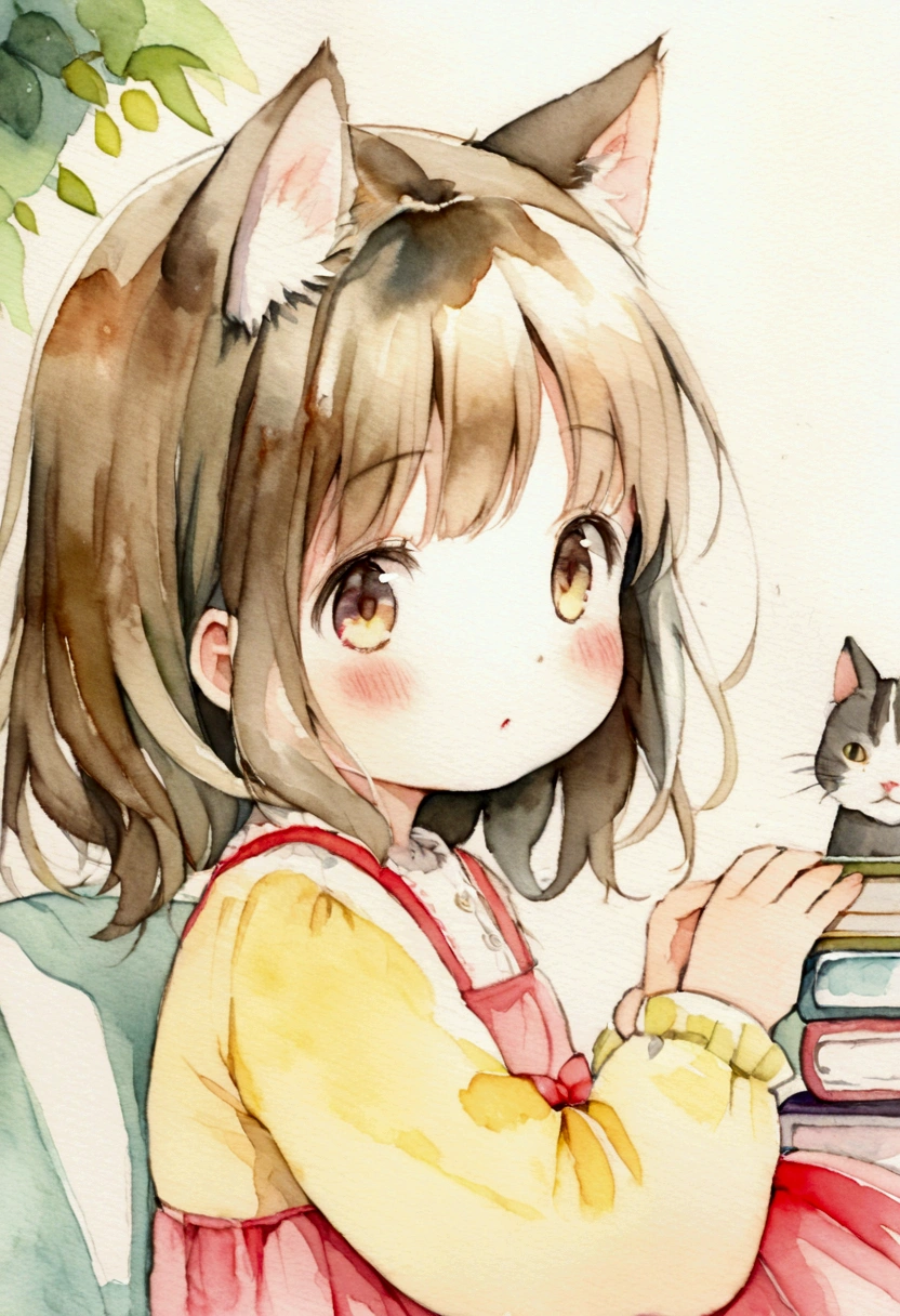 A cat and a girl about 4 years old Picture books Watercolor