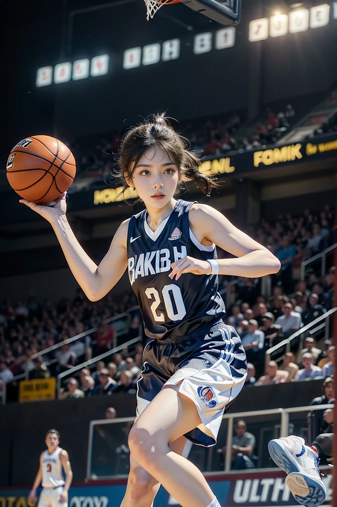 (((best quality))), (((ultra detailed))), (((masterpiece))), illustration, ((1girl,female basketball player,solo)),(slam dunk:1.3),(hands on the basket:1.3), intensity, determined expression, flushed face, perspiration, almond-shaped eyes, mesh jersey, team name and number, form-fitting shorts, athletic build, high-top basketball shoes, indoor basketball gym, well-lit, wooden floor, scoreboard, spectators, stands, action, impact, ball through the hoop, victory, achievement, dedication, skill,(basketball:1.3)