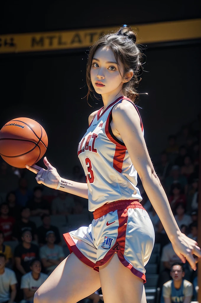 (((best quality))), (((ultra detailed))), (((masterpiece))), illustration, ((1girl,female basketball player,solo)),(slam dunk:1.3),(hands on the basket:1.3), intensity, determined expression, flushed face, perspiration, almond-shaped eyes, mesh jersey, team name and number, form-fitting shorts, athletic build, high-top basketball shoes, indoor basketball gym, well-lit, wooden floor, scoreboard, spectators, stands, action, impact, ball through the hoop, victory, achievement, dedication, skill,(basketball:1.3)