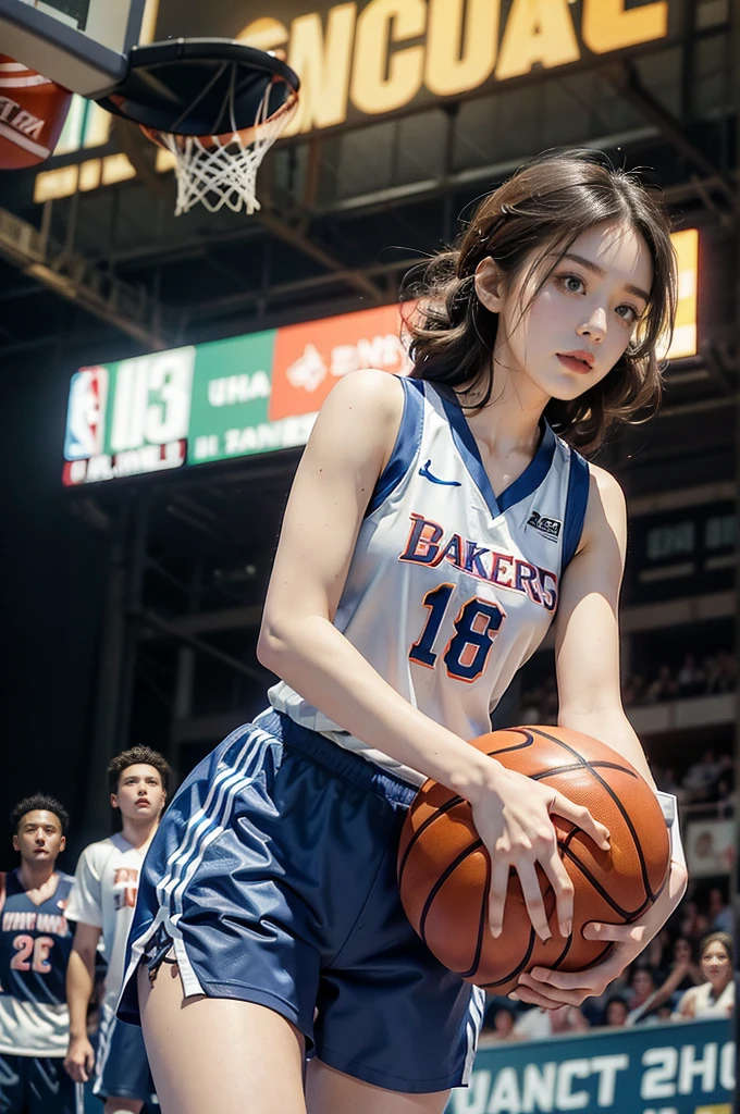 (((best quality))), (((ultra detailed))), (((masterpiece))), illustration, ((1girl,female basketball player,solo)),(slam dunk:1.3),(hands on the basket:1.3), intensity, determined expression, flushed face, perspiration, almond-shaped eyes, mesh jersey, team name and number, form-fitting shorts, athletic build, high-top basketball shoes, indoor basketball gym, well-lit, wooden floor, scoreboard, spectators, stands, action, impact, ball through the hoop, victory, achievement, dedication, skill,(basketball:1.3)