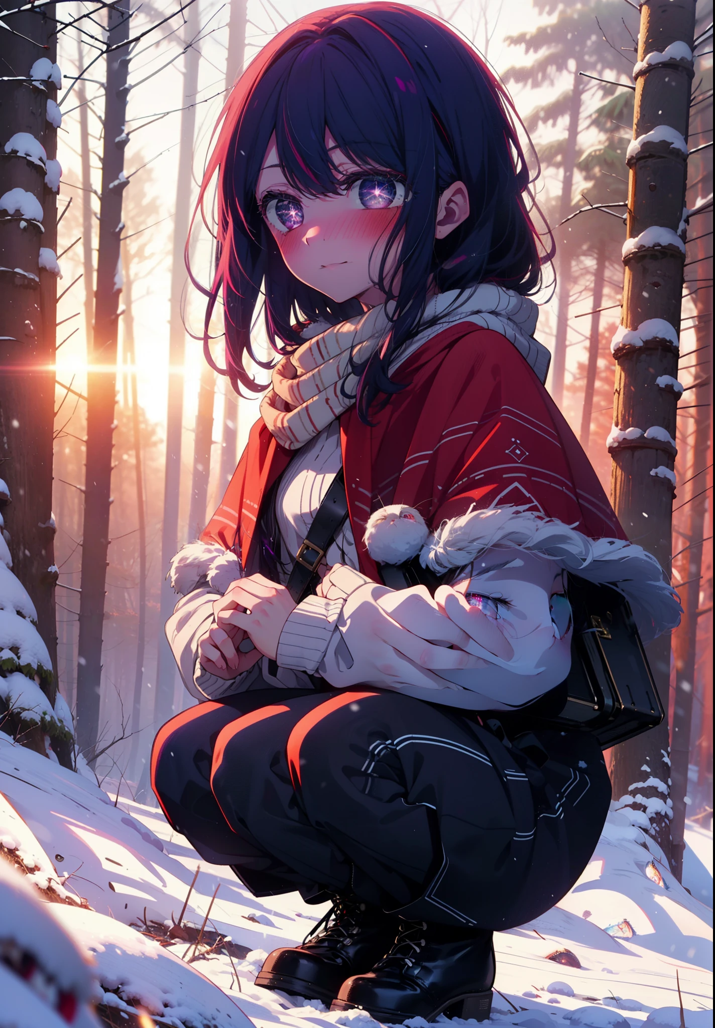 aihoshino, Ai Hoshino, Long Hair, bangs, (Purple eyes:1.1), Purple Hair, (Symbol-shaped pupil:1.5), smile,,smile,blush,White Breath,
Open your mouth,snow,Ground bonfire, Outdoor, boots, snowing, From the side, wood, suitcase, Cape, Blurred, , forest, White handbag, nature, Squat, Mouth closed, Cape, winter, Written boundary depth, Black shoes, red Cape break looking at viewer, Upper Body, whole body, break Outdoor, forest, nature, break (masterpiece:1.2), Highest quality, High resolution, unity 8k wallpaper, (shape:0.8), (Beautiful and beautiful eyes:1.6), Highly detailed face, Perfect lighting, Extremely detailed CG, (Perfect hands, Perfect Anatomy),