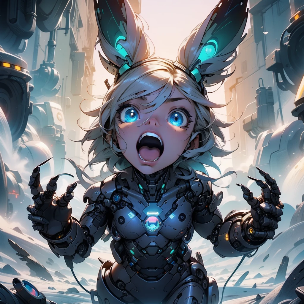 high quality, 4k, masterpiece, beautiful, cyborg girl, cowboy shot, dull eyes, looking at viewer, long blonde hair, girl, small breasts, fit thigh, robotic arms, robotic body, cyborg body, yellow accent, intricate detail, joint, detailed lines, robotic detail, holding fist up, holding hand up as fist, color robotic parts, robotic parts with color, perfect fingers, on a desert planet, sunny background, colorful desert,