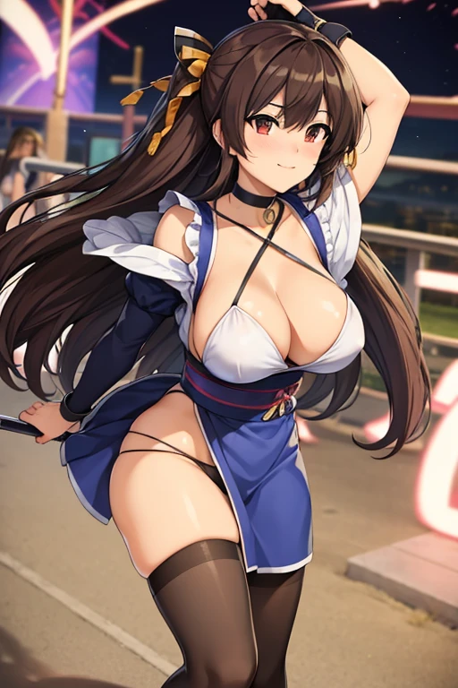 masterpiece, high resolution, best quality, rendered art, beautiful art, well formed fingers and hands, 1 woman, solo, Haruhi Suzumiya, hair ribbon, adult, grown up, 31 years old, large and round breasted, cleavage, full body, wearing a Iroha Samurai Spirits cosplay, Iroha_Samurai_Spirits_cosplay, maid hat, choker, fingerless gloves, black tights, sexy and skimpy kimono, pelvic curtain, white maid uniform, fighting in a combat match, showing her fighting skills, making her guard, about to hit the viewer, looking at the viewer,   sweating, bouncing breasts, smiling joyfully and brightly, being confident and proud, action and fighting scene, fighting cage on beach environment.                  