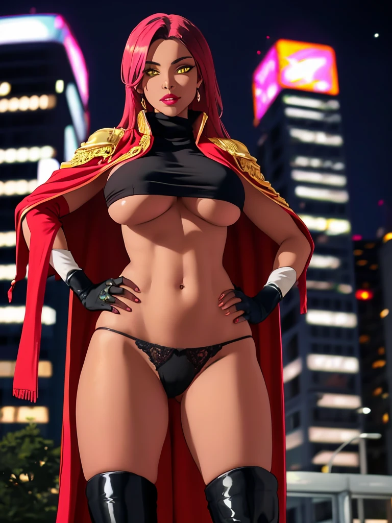 (highres, high quality:1.2), intricate details, cinematic lighting, sharp focus, depth of field, Ingrid, 1girl, mature female, (dark-skinned female:1.1), dark skin, standing, hands on hips, cowboy shot, looking at viewer, cityscape, night, city light, determined, pink red hair, very long hair, hair intakes, makeup, lipstick, (mole under mouth:0.8), eyelashes, yellow eyes, detailed face, helloutfit, red cape, black (turtleneck:1.1), (underboob:1.1), black elbow gloves, (coattails:1.1), revealing clothes, center opening, highleg panties, thigh boots, (multicolored clothes:1.1) midriff, large breasts, areola slip, (nipple slip:0.8),