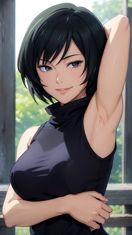 Mai, Portrait, masterpiece, 8k, ultra high quality, ultra realistic, ultra high definition, anime art, smiling, cute, seductive, armpits visible