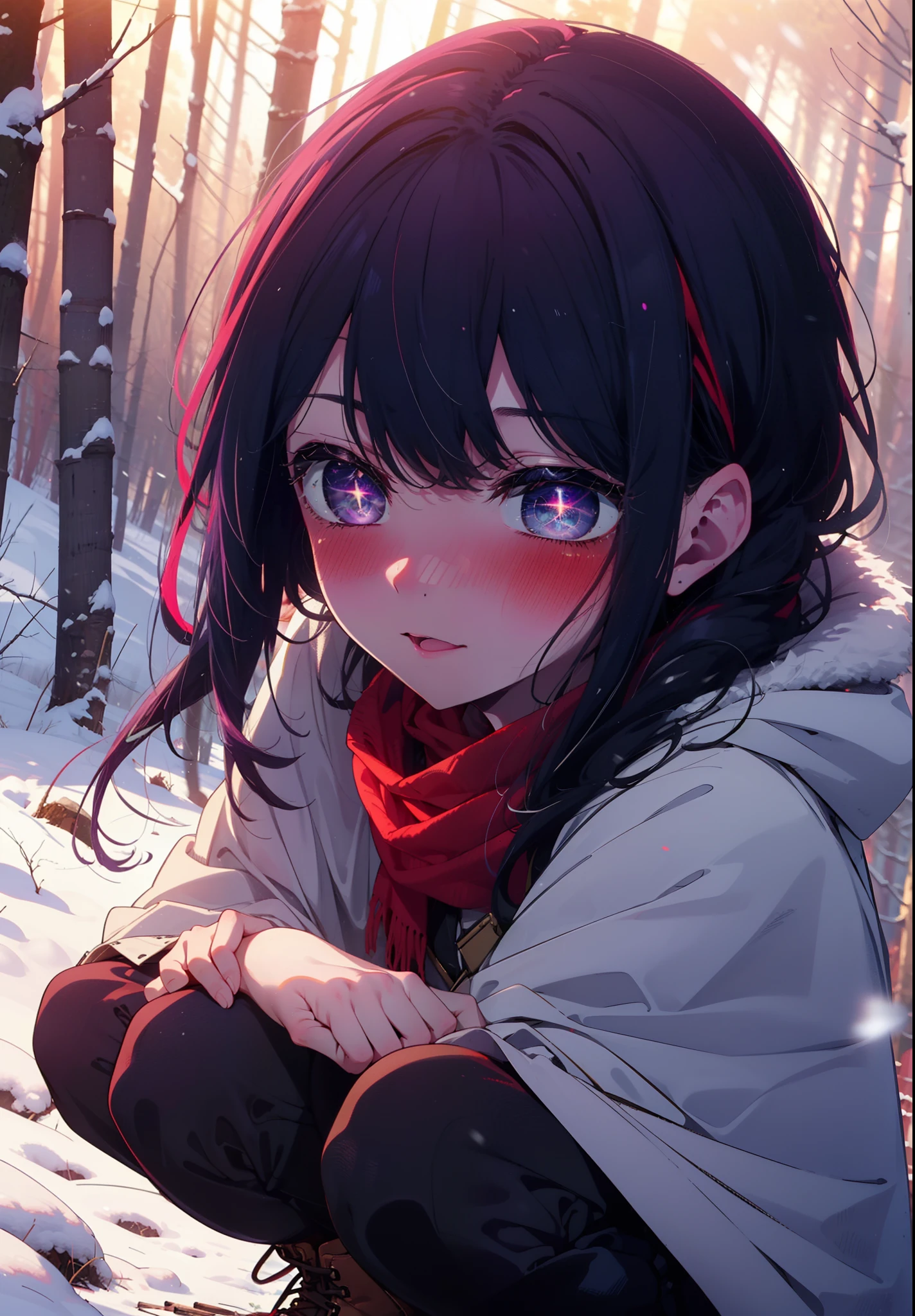 aihoshino, Ai Hoshino, Long Hair, bangs, (Purple eyes:1.1), Purple Hair, (Symbol-shaped pupil:1.5), smile,,smile,blush,White Breath,
Open your mouth,snow,Ground bonfire, Outdoor, boots, snowing, From the side, wood, suitcase, Cape, Blurred, , forest, White handbag, nature, Squat, Mouth closed, Cape, winter, Written boundary depth, Black shoes, red Cape break looking at viewer, Upper Body, whole body, break Outdoor, forest, nature, break (masterpiece:1.2), Highest quality, High resolution, unity 8k wallpaper, (shape:0.8), (Beautiful and beautiful eyes:1.6), Highly detailed face, Perfect lighting, Extremely detailed CG, (Perfect hands, Perfect Anatomy),