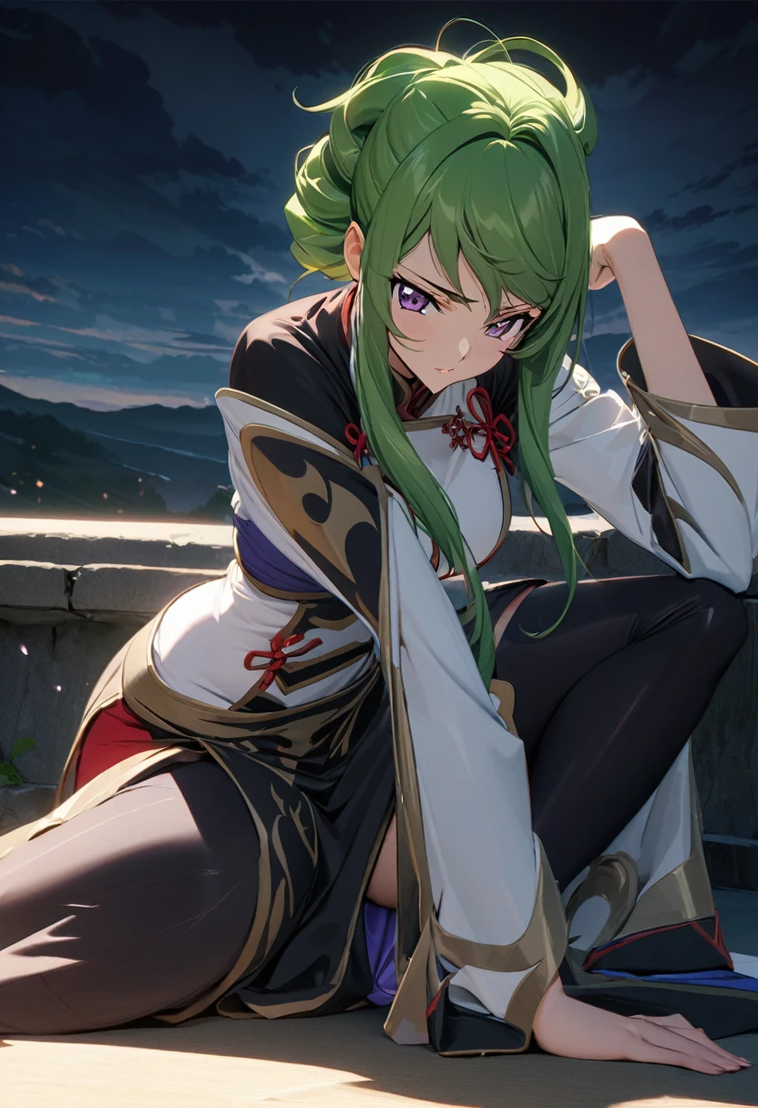 One woman, , Ultra-high resolution, 超detailed, Highest quality, 8K,((Highest quality)), ((masterpiece)), (detailed),Face direction(front),Hair Color(Bright green,Fine hair quality),background(cloud sky,night),clothing(Chinese clothing),eye(パッチリとしたeye元),expression(Exquisite features depicting a perfect face),Body Type(model,Naturally beautiful),Perfect hands,The perfect woman, Dramatic Shadows, Japanese cute pose,Anime characters, Code Geass Lelouch of the Rebellion(CC)