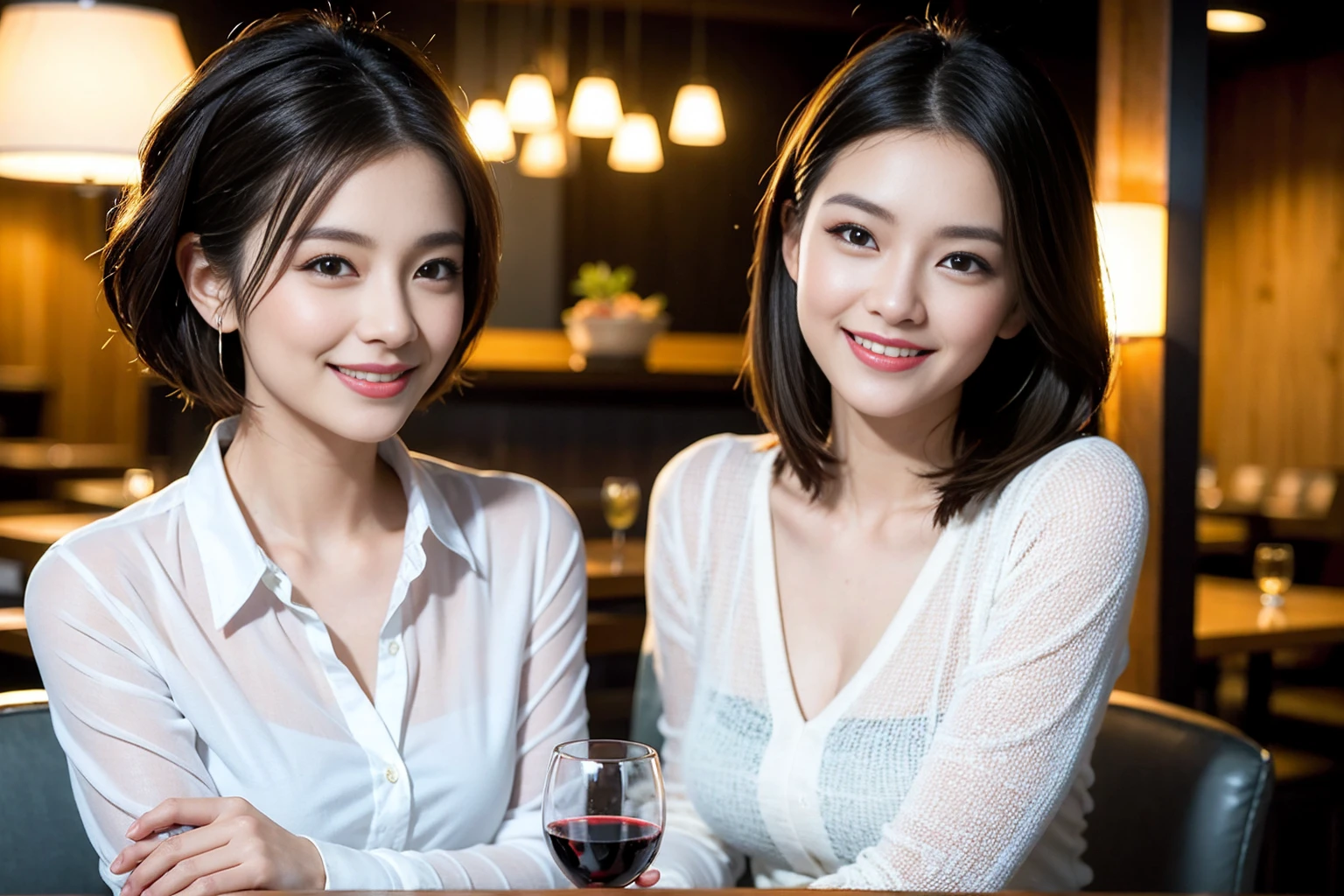 ((Highest quality、8K、masterpiece:1.3))、Shortcuts、cute、slimカップル、modelカップル、actress男優、(Realistic, Intricate details:1.2), full-course dinner、Wine Party、Amazing view of the sunset sky and clouds、A bright smile、short hair,Bright Face、 (Age 45), 42 years old, red wine 、Appetizers、Italian food、Wine bottle、Champagne、sparkling wine、Two beauties、Brown Hair、Shortcuts、Long sleeve shirt、dress、Beautiful woman 1, (slimな顔), (The body is slim), (Brown Hair), (Shortcuts), cheeks turn a little red,Attractive beauty、restaurant, In a prominent place (From the waist up) Nova Frog Style, actress, model, Upper Body, White wine, slim, wine glass, 中央に置かれたwine glass, smile, (smile: 1.15), Beautiful fine grain, Depth f/2,saturation, High Contrast, Strong light and shadow,Moist Body:1.5、3D texture、Delicate eyes、Brown Hair、The hair is very shiny、