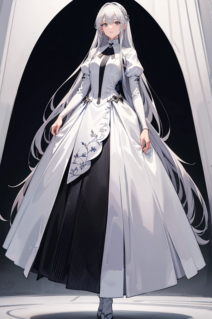 1woman, tall, silver hair, white dress, standing on ground, high res, ultra sharp, 8K, masterpiece