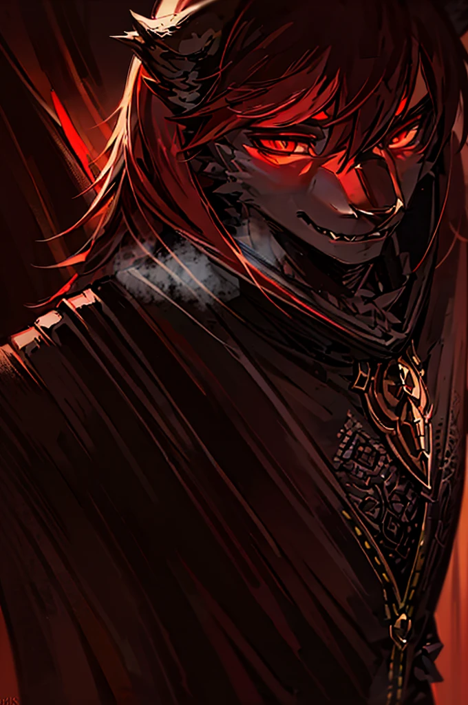 A vampire lord inspired by skyrim, a black wolf male furry with red hair and golden eyes, wearing cape and crown, wings, intricate detailed scales, glowing red eyes, sharp fangs, dramatic lighting, cinematic composition, chiaroscuro, dark fantasy, gothic, dramatic shadows, moody atmosphere, rich colors, highly detailed, photorealistic, 8k, best quality, masterpiece