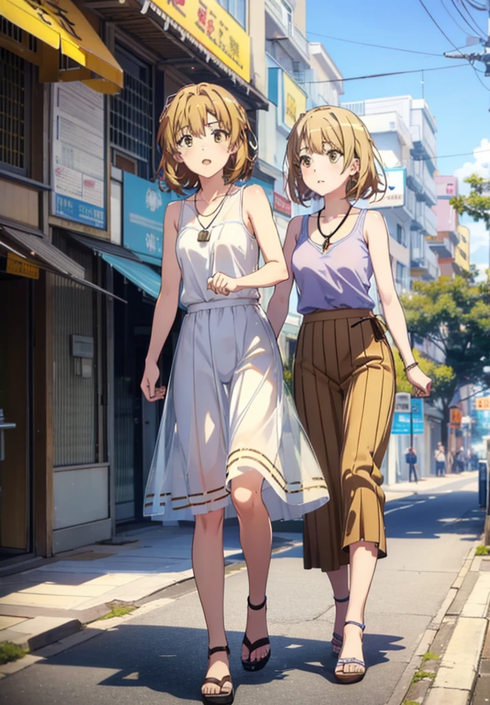 Irohaisshiki, isshiki iroha, short hair, Brown Hair, (Brown eyes:1.5), happy smile, smile, Open your mouth,White hat,Yellow Tank Top,Locket Necklace,Long skirt,Heeled Sandals,Palm tree,True Summer,Daytime,Clear skies,Walking,whole bodyがイラストに入るように,
break outdoors,In town,Tropical,Okinawa　Kokusai Street,
break looking at viewer,whole body,
break (masterpiece:1.2), Highest quality, High resolution, unity 8k wallpaper, (figure:0.8), (Beautiful attention to detail:1.6), Highly detailed face, Perfect lighting, Highly detailed CG, (Perfect hands, Perfect ???????),