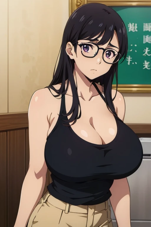 anime cels style, best quality, high resolution,1girl, minakatahizuru, (black hair:1.1), (purple eyes:0.7), (black-framed eyewear:1.3), (huge breasts:1.2), cleavage, black tanktop