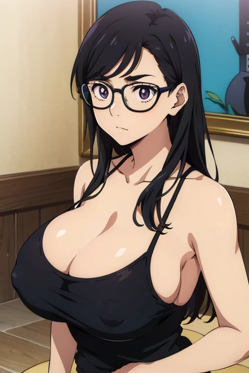 anime cels style, best quality, high resolution,1girl, minakatahizuru, (black hair:1.1), (purple eyes:0.7), (black-framed eyewear:1.3), (huge breasts:1.2), cleavage, black tanktop