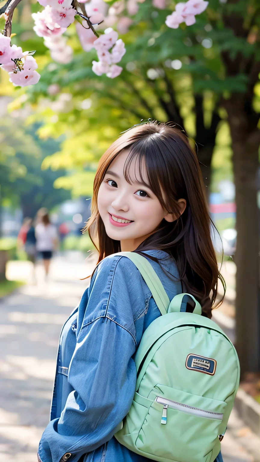 8K、Best image quality、smile、masterpiece、spring、Short strokes、Small breasts、A refreshing smile、Female college student、Dimples、New dresses for spring、Clear system、 to university、backsack