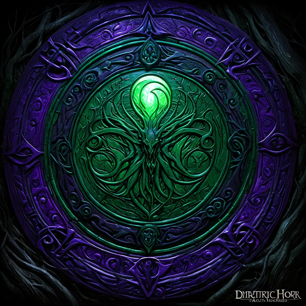 Eldritch horror, arcane symbols,  dark woods, eerie green and purple light, detailed textures, high detail, high resolution, (dark fantasy, eerie:1.3), (haunting, atmospheric:1.2), (nightmarish:1.4), masterpiece quality 