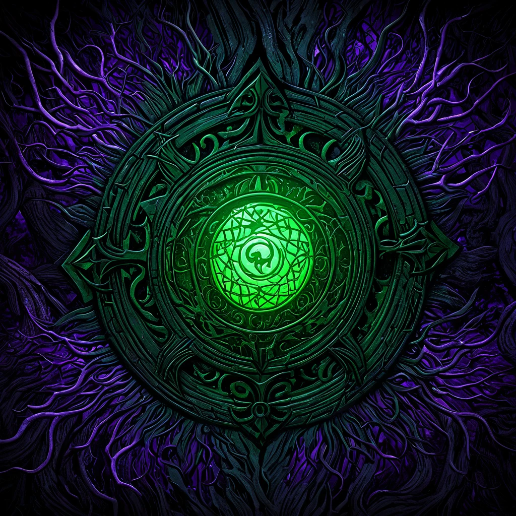 Eldritch horror, arcane symbols, dark woods, eerie green and purple light, detailed textures, high detail, high resolution, (dark fantasy, eerie:1.3), (haunting, atmospheric:1.2), (nightmarish:1.4), masterpiece quality