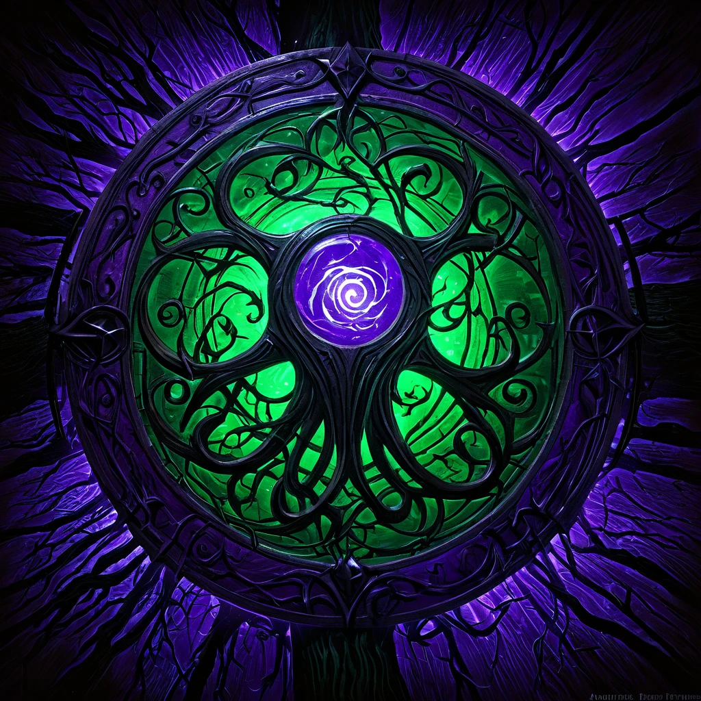 Eldritch horror, arcane symbols,  dark woods, eerie green and purple light, detailed textures, high detail, high resolution, (dark fantasy, eerie:1.3), (haunting, atmospheric:1.2), (nightmarish:1.4), masterpiece quality 