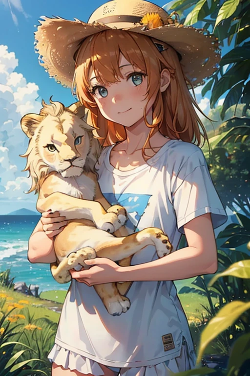 high resolution,high quality,Perfect body,perfect face,wilderness,広いwilderness,Blue sky,White cloud,Clear skies,One Lion,Little lion,(A girl holding a little lion:1.5),Medium Hair,Orange Hair,Sunburned skin,Straw hat,smile,Yellow T-shirt,フルボディー