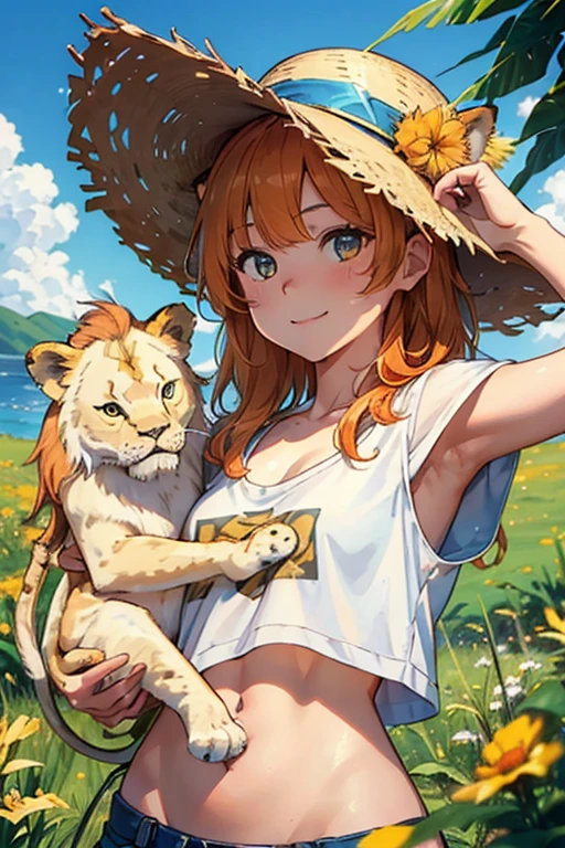 high resolution,high quality,Perfect body,perfect face,wilderness,広いwilderness,Blue sky,White cloud,Clear skies,One Lion,Little lion,(A girl holding a little lion:1.5),Medium Hair,Orange Hair,Sunburned skin,Straw hat,smile,Yellow T-shirt,フルボディー