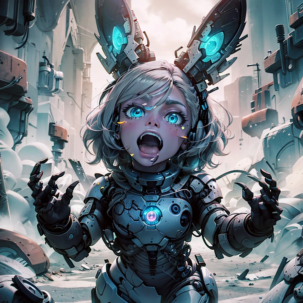high quality, 4k, masterpiece, beautiful, cyborg girl, cowboy shot, dull eyes, looking at viewer, long blonde hair, girl, small breasts, fit thigh, robotic arms, robotic body, cyborg body, yellow accent, intricate detail, joint, detailed lines, robotic detail, holding fist up, holding hand up as fist, color robotic parts, robotic parts with color, perfect fingers, on a desert planet, sunny background, colorful desert,