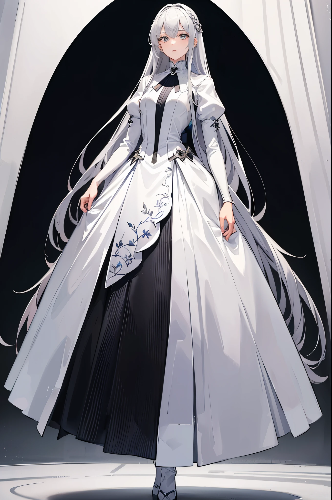1woman, tall, silver hair, white dress, standing on ground, high res, ultra sharp, 8K, masterpiece