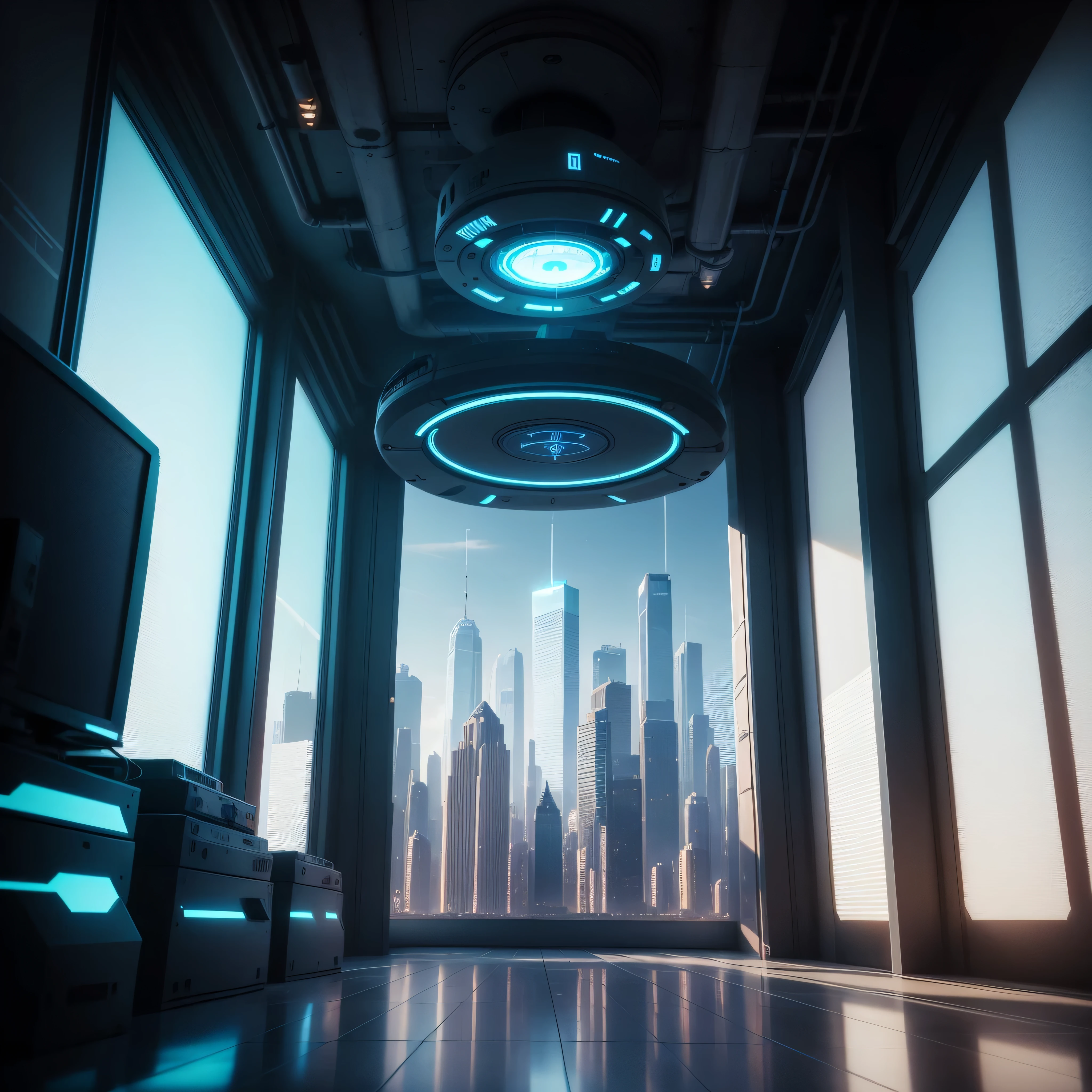 Underground research lab with reinforced walls and state-of-the-art equipment. The room is filled with glowing consoles and holographic displays, Casting a cool, Blue light. Advanced and autonomous drones stationed at various workstations. A window at the far end of the room offers an amazing view of the futuristic cityscape. This setup allows for seamless integration of head-on video into the foreground, A vibrant city skyline as a stunning backdrop for your display.