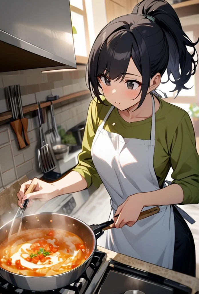 Girl, cooking, black hair, ponytail, black eyes, beautiful, apron