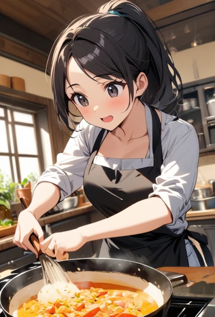 Girl, cooking, black hair, ponytail, black eyes, beautiful, apron