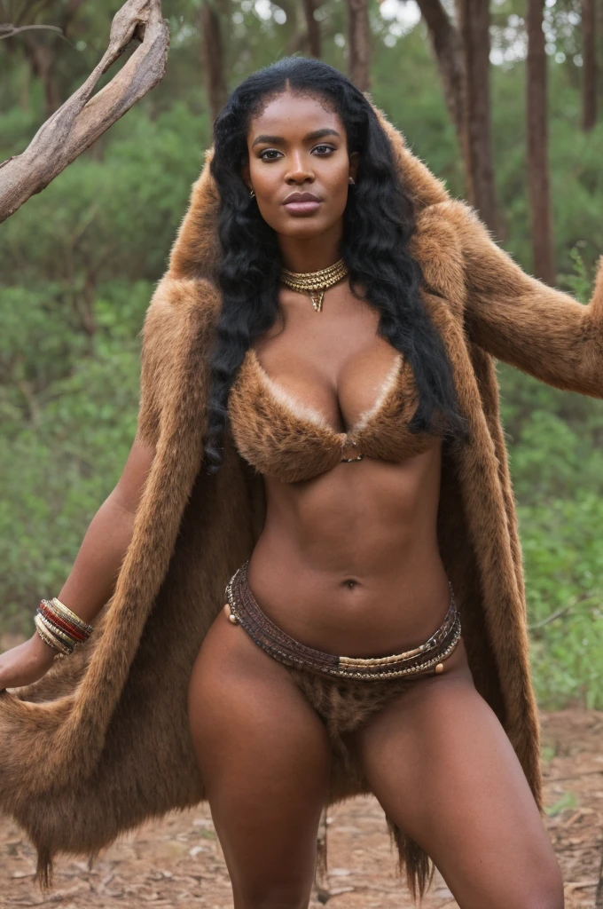 Eritrean cavewoman, slim-thicc, bossy, beautiful, callipygian, wearing primitive animal pelt clothing, cavewoman, primitive, tribal, ice age, stone age, fierce, fertile, dominant, in charge, Mesolithic, wilderness