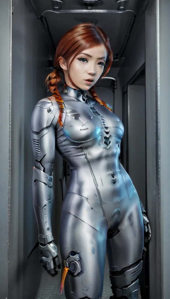 1 Girl、Medium Bust、solo、red Hair、Braid、Mobile Race Suit、Shoulder Armor、ceiling、Wide Shot、Looking Ahead、zipup suit 、Closed Mouth、Highest quality、medium quality、22 years old、Mobile Trace System、cockpit、Asian、CyborgCosplay

