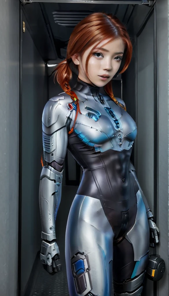 1 Girl、Medium Bust、solo、red Hair、Braid、Mobile Race Suit、Shoulder Armor、ceiling、Wide Shot、Looking Ahead、zipup suit 、Closed Mouth、Highest quality、medium quality、22 years old、Mobile Trace System、cockpit、Asian、CyborgCosplay

