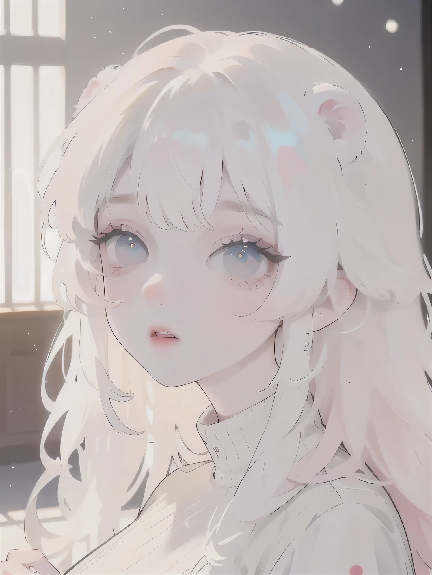 (a woman) (correct physiognomy) (perfect students) (perfect eyes) anime woman, eyes of color RED, deep white long and fluffy hair of color white, Two Ferret ears of color white coming out of his white head, lips sensitive, feminine appearance, soft facial features, thin eyebrows, soft skin, rosy cheeks, pink lips, silky eyelashes, dreamy expression, middle age, youthful clothing, print sweatshirt, photo illuminated by sunlight, Woman sitting on Snow.