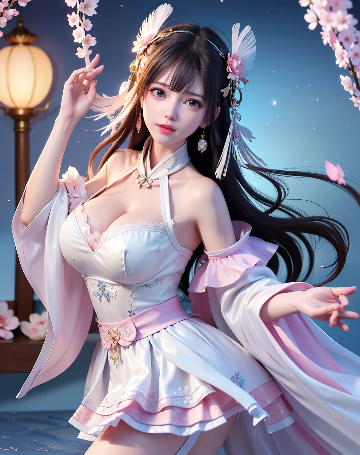 (8k, RAW photo:1.2), best quality, ultra high res,dramatic angle,(fluttered detailed color splashs), (illustration),(((1 girl))),(long hair),(rain:0.9), (Headdress:1.4),There is an ancient palace beside the girl,Hanfu,(Key Points),Color ink painting,(Splash of Color),Splash of Color,(((colorful))),(sketch:0.8) , Masterpiece, best quality, beautiful painted, highly detailed,(denoising:0.6),[splash ink],((ink refraction)), (beautiful detailed sky),moon,highly,detaild,(masterpiece, best quality, extremely detailed） CG Unity 8k Wallpaper，masterpiece，best quality，Ultra Detailed），（Lycoris）.shoulder ballet dress open V-chested clothes Thin silk lace dress short skirt , (huge ，cleavage),, white pink, blue ，best qualtiy，tmasterpiece，Ultra-high resolution，（Reality：1.4），RAW photogr，（True skin texture：1.3），（filmgrain：1.3），（Selfie angle），1个Giant Breast Girl，Beautiful eye and face details，tmasterpiece，Best quality at best，，The chest more exposed， detailed hair, bra pink , detail 8k, full body, lace petticoat. lying on bed