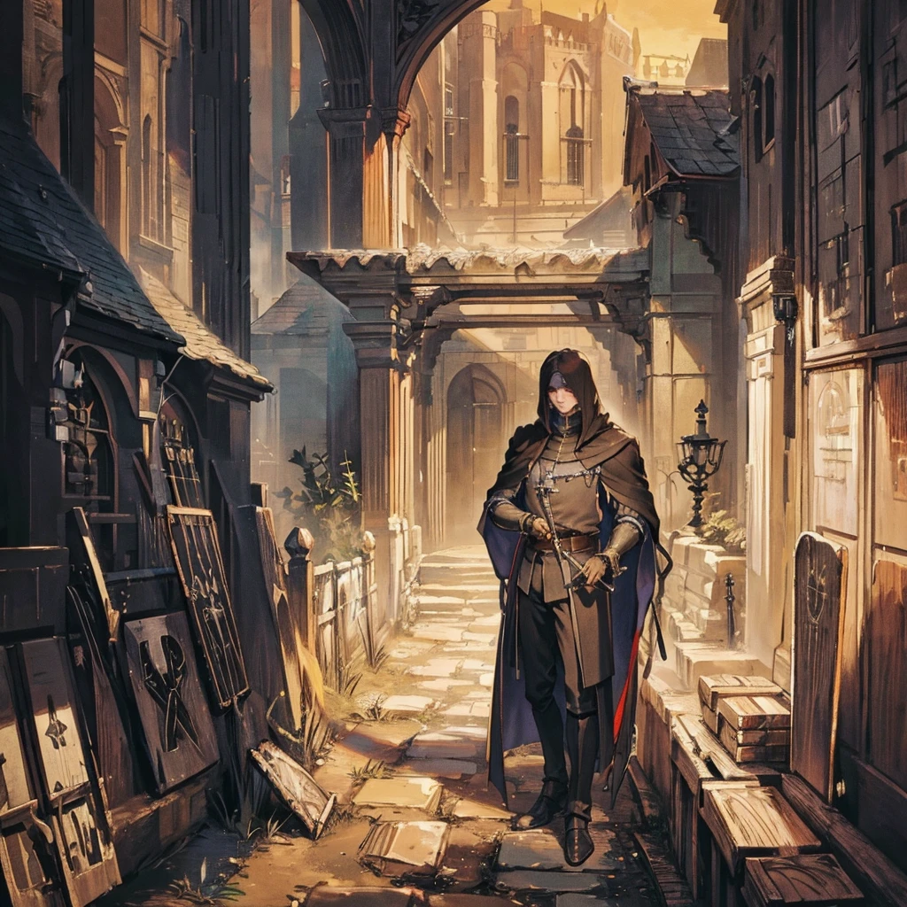 A man,Assassins in Medieval Europe,Wear a night suit,Holding a dagger,Waiting in the shadows。The setting is night,The location is the noble courtyard。Classical painting style,Line drawing style,Simple style。