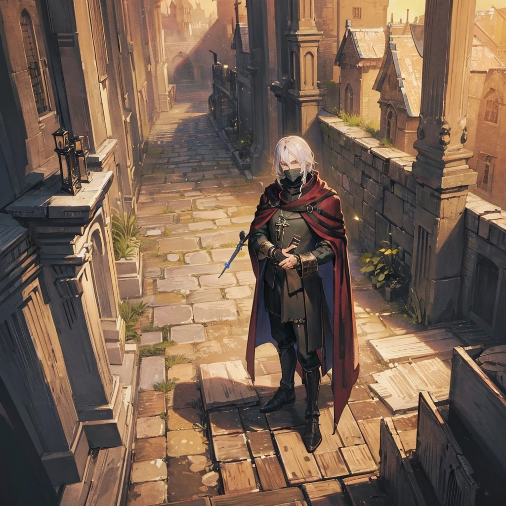 A man，Assassins in Medieval Europe，Wear a night suit，Holding a dagger，Waiting in the shadows。The setting is night，The location is the noble courtyard。Classical painting style，Line drawing style，Simple style。
