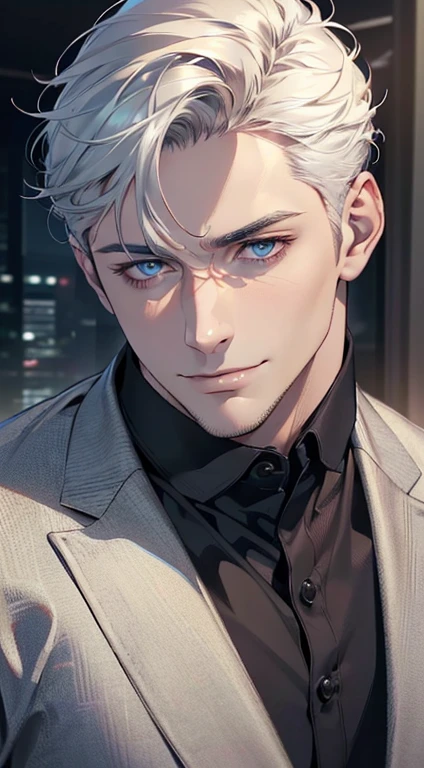 (best quality,4k,8k,highres,masterpiece:1.2),ultra-detailed,(realistic,photorealistic,photo-realistic:1.37),1 man,31 years old,mature man,very handsome,without expression,smile,short white hair,blue eyes,penetrating gaze,perfect face without errors,imposing posture,businessman,office background,cinematic lighting,hdr image