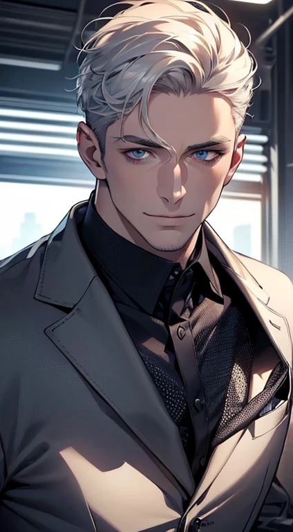 (best quality,4k,8k,highres,masterpiece:1.2),ultra-detailed,(realistic,photorealistic,photo-realistic:1.37),1 man,31 years old,mature man,very handsome,without expression,smile,short white hair,blue eyes,penetrating gaze,perfect face without errors,imposing posture,businessman,office background,cinematic lighting,hdr image