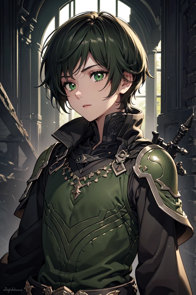(Top quality details:1.22), 8K, High Resolution, Super detailed, High-quality texture, Intricate details, Detailed Texture, In detail, High detail, High Quality Shadows, Beautiful and kind eyes, Depth of written boundary, dark theme, 1boy, green eyes, black hair with slight green highlights, adventuring gear