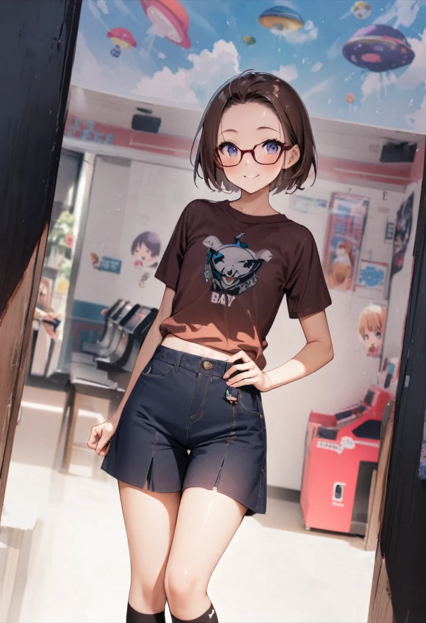 back view, Backwards、Butt、back、back of head、Hips、Hair back、Calf、Short spats、arcade、game machine、Game bench、UFO Catcher、Purikura、Date、forehead、Girl、Girl、Short、Younger、Lower school year、Baby Face、flat chest、smile、Dynamic Angle、masterpiece、best quality、ultra-detail、There are customers around、I'm making a mess、Clothing、Fashionable glasses
