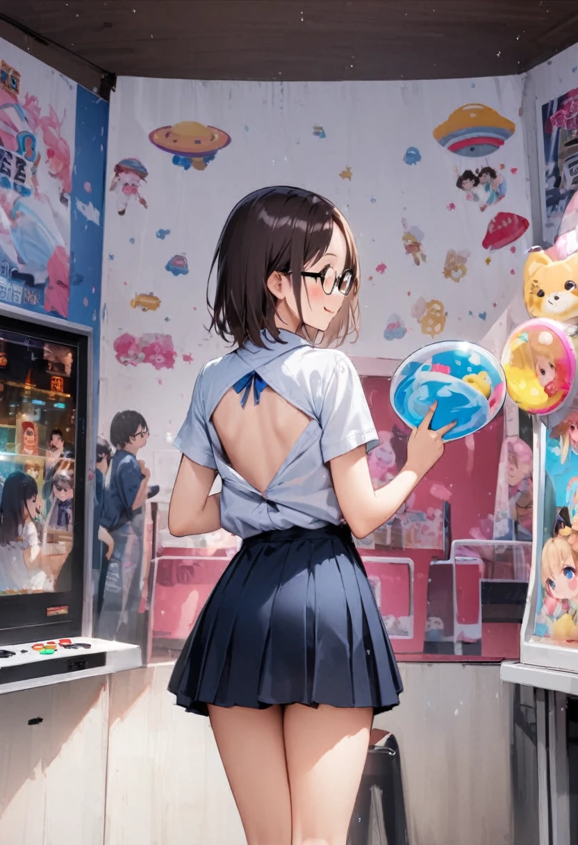 back view, Backwards、Butt、back、back of head、Hips、Hair back、Calf、Short spats、arcade、game machine、Game bench、UFO Catcher、Purikura、Date、forehead、Girl、Girl、Short、Younger、Lower school year、Baby Face、flat chest、smile、Dynamic Angle、masterpiece、best quality、ultra-detail、There are customers around、I'm making a mess、Clothing、Fashionable glasses