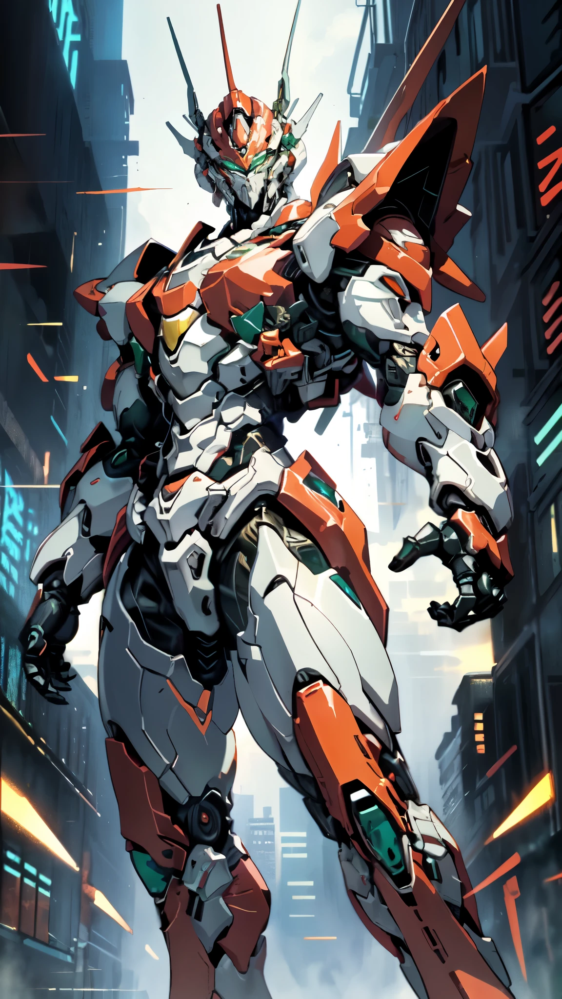 (masterpiece:1.5, best quality:1.5, extremely delicate:1.5, foreshortening:1.5, dynamic angle:1.5), a man wearing a full-face helmet, a fantasy-style biotech armored combat suit, green eyes, (a composite layered chest armor), fully enclosed shoulder guards, matching arm and leg guards, belt of Neon circuit, (the color scheme is primarily white with red green accents), the design balances heavy with agility, a high-tech bio-mecha armor, (Armor Concept Inspired by neon Cyberpunk, stand on the top of a skyscraper in a futuristic sci-fi city), this character embodies a finely crafted fantasy-surreal style armored hero in anime style, exquisite and mature manga art style, (element, plasma, energy, the armor glows), ((male:1.5)), metallic, high definition, highres, ultra-detailed, ultra-fine painting, professional, perfect body proportions, golden ratio, anatomically correct, symmetrical face, extremely detailed eyes and face, high quality eyes, creativity, RAW photo, UHD, 32k, Natural light, cinematic lighting, masterpiece-anatomy-perfect