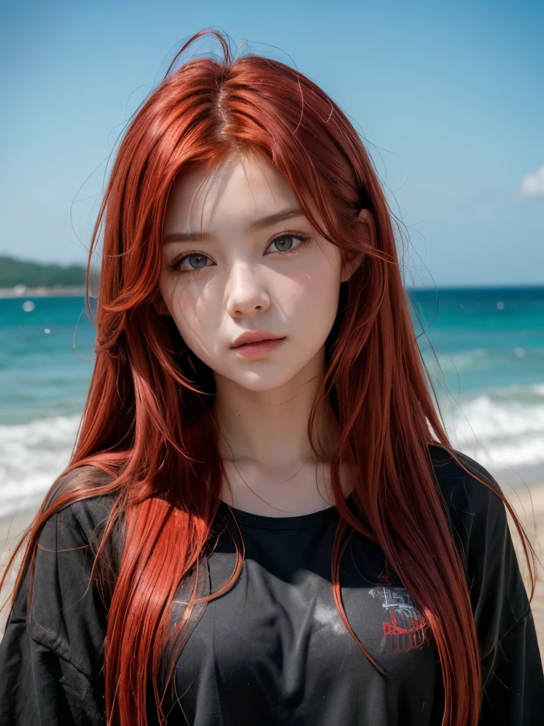 Hot girl, red hair, red eyes, in the beach