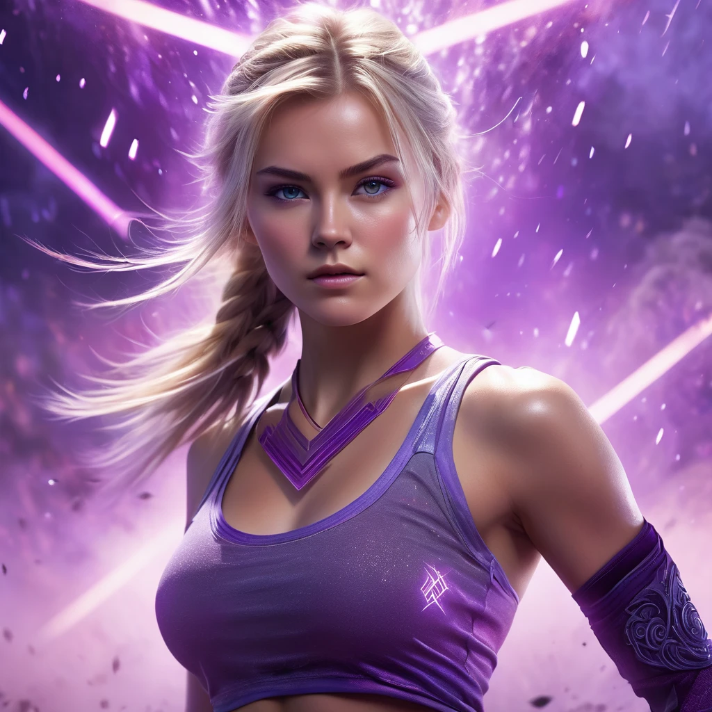 A handsome Norwegian girl, sharp eyes, clear facial features, wearing top tank, combat posture, martial arts movements, body surrounded by purple mist, runes around, holographic reality, holographic halo, motion blur, game light effects, edge light, soft light, movie edge light, delicate light, masterpiece, super detailed, epic composition, super HD, high quality, highest quality, 32k