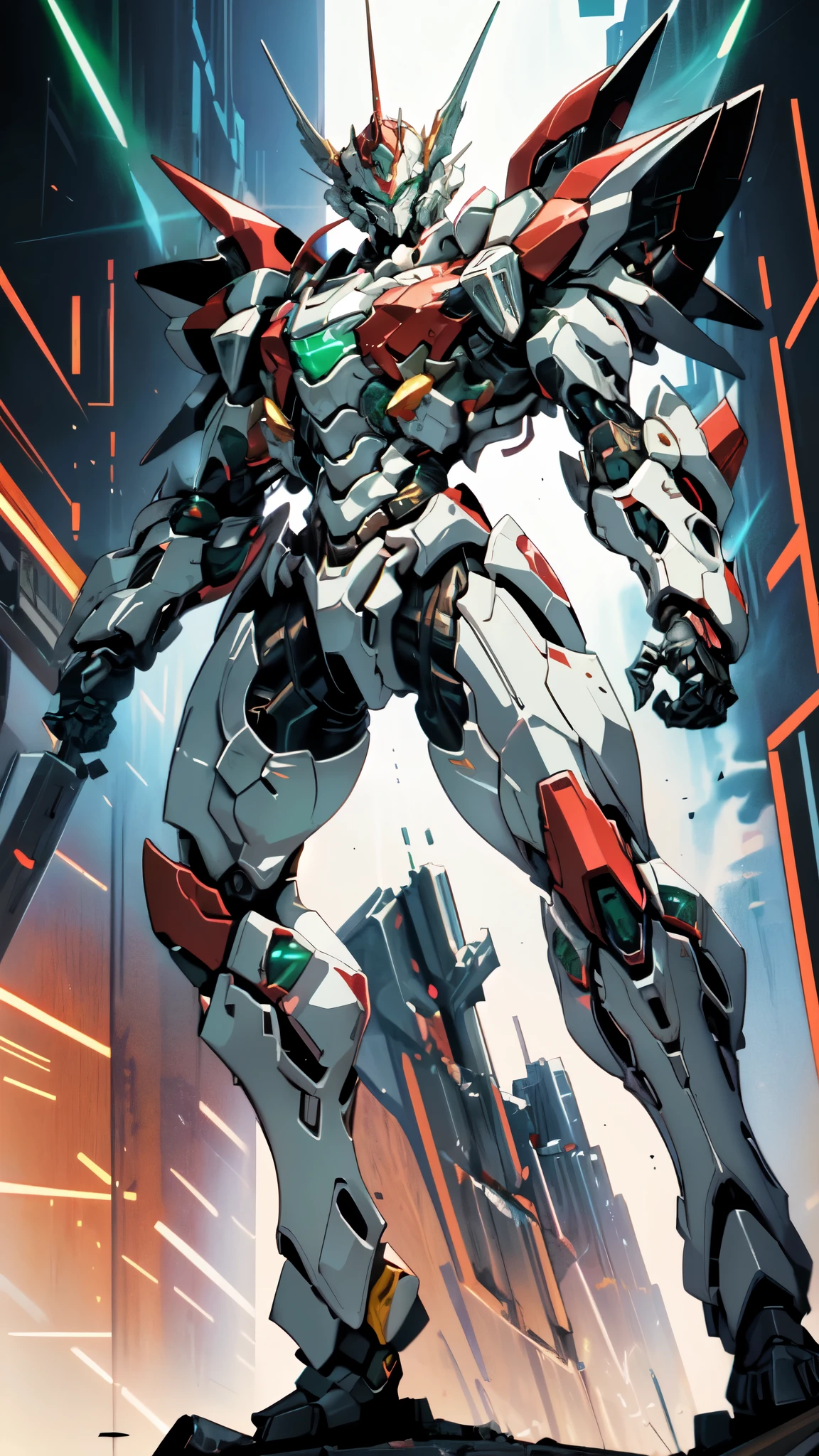 (masterpiece:1.5, best quality:1.5, extremely delicate:1.5, foreshortening:1.5, dynamic angle:1.5), a man wearing a full-face helmet, a fantasy-style biotech armored combat suit, green eyes, (a composite layered chest armor), fully enclosed shoulder guards, matching arm and leg guards, belt of Neon circuit, (the color scheme is primarily white with red green accents), the design balances heavy with agility, a high-tech bio-mecha armor, (Armor Concept Inspired by neon Cyberpunk, stand on the top of a skyscraper in a futuristic sci-fi city), this character embodies a finely crafted fantasy-surreal style armored hero in anime style, exquisite and mature manga art style, (element, plasma, energy, the armor glows), ((male:1.5)), metallic, high definition, highres, ultra-detailed, ultra-fine painting, professional, perfect body proportions, golden ratio, anatomically correct, symmetrical face, extremely detailed eyes and face, high quality eyes, creativity, RAW photo, UHD, 32k, Natural light, cinematic lighting, masterpiece-anatomy-perfect