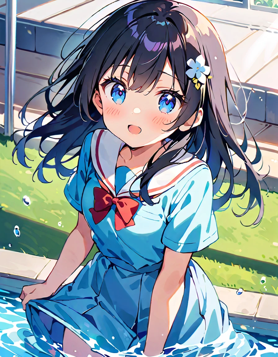 score_9, score_8_up, score_7_up, source_アニメ, masterpiece, 1girl, watahana, blue eyes, hair ornament, hair flower, school outfit, blue dress, sailor dress, white sailor collar, red bow, outdoor, school yard, field, cowboy shot, looking at viewer, indoors, open mouth, Black Hair、Shiny Hair, Highest quality、A girl is enjoying playing in the water、A splash goes up、Skirt fully open、Long wide skirt、cute、White underwear、blush、Watery eye、Lots of water、Wet、((Wind power increase))、The skirt floats on the water、(drowning water)、(Underwater Shot Of The Swimming pool)、sunlight reflects on the water surface, Make it sparkle